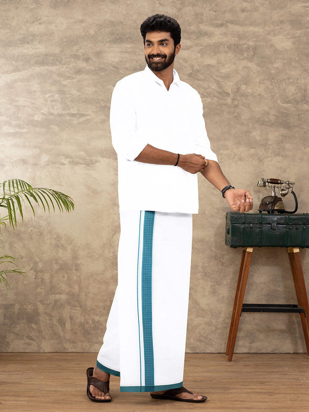 Men Cotton Blend Double Layer White Dhoti with Fancy Border TF09
