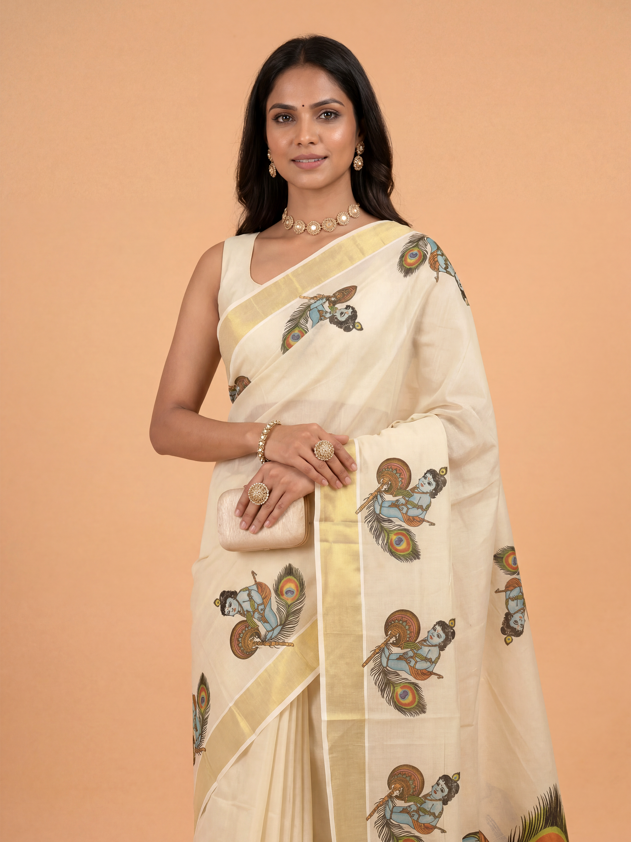 Women Tissue Cream Krishna Printed Kerala Saree KLS27