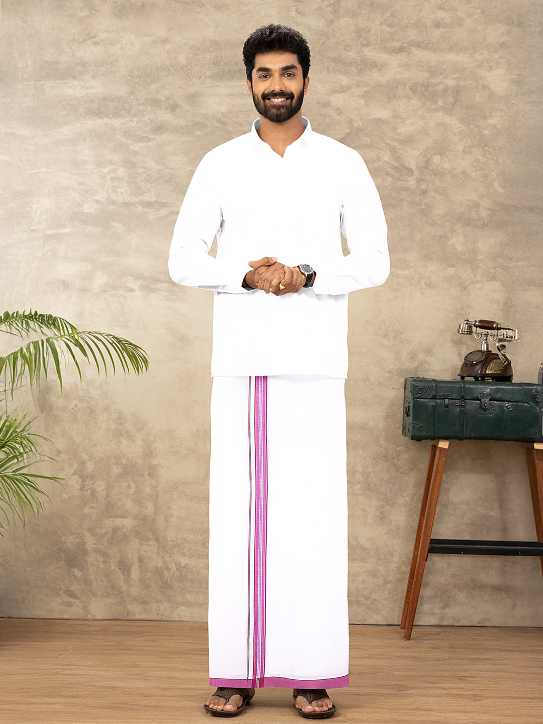 Men Cotton Blend Single Layer White Dhoti with Fancy Jari Border HSF03