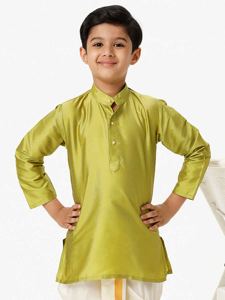 Boys Silk Cotton Full Sleeves Parrot Green Kurta-Front view