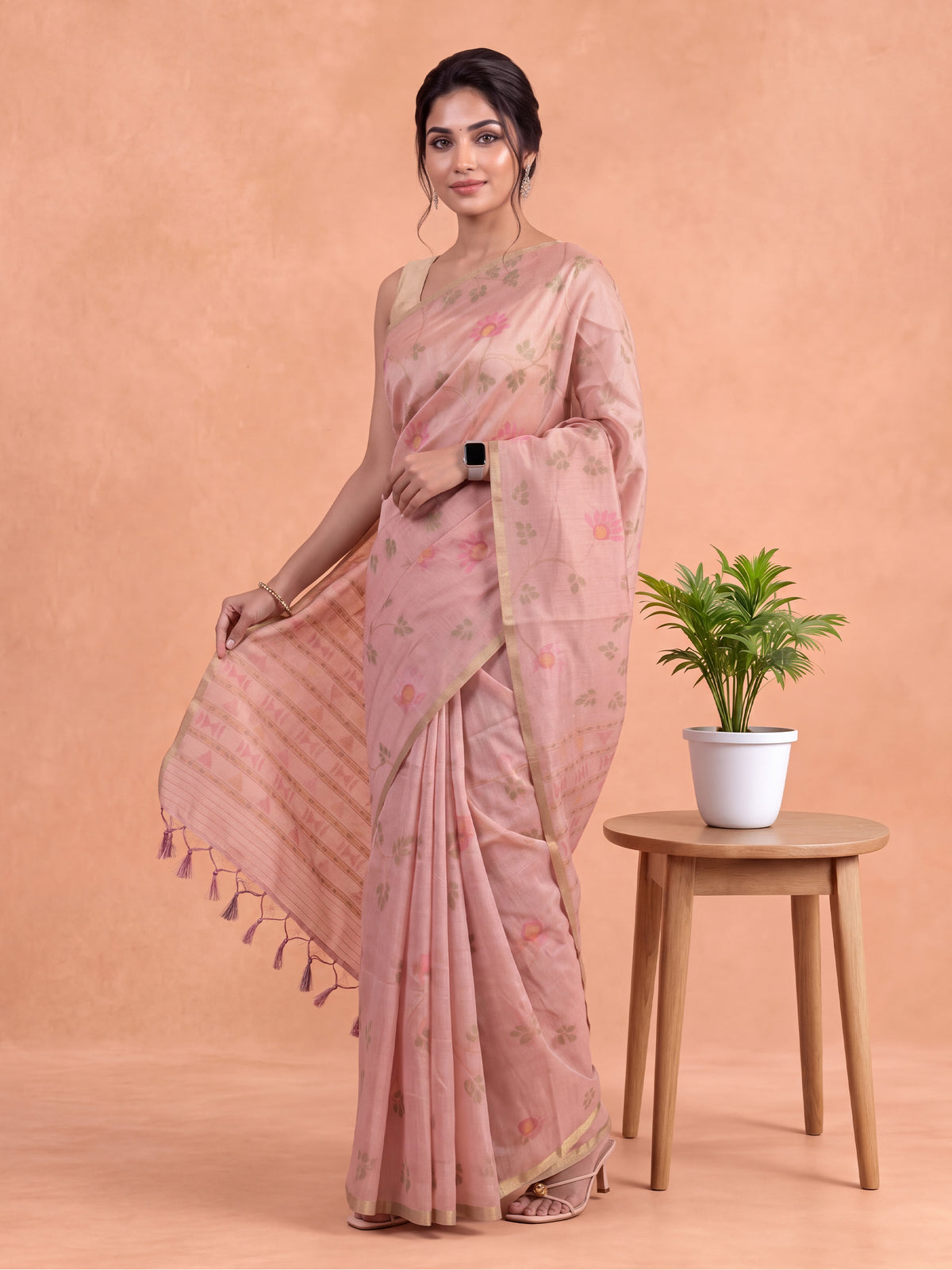 Women Spun Poly Pink Saree SP24