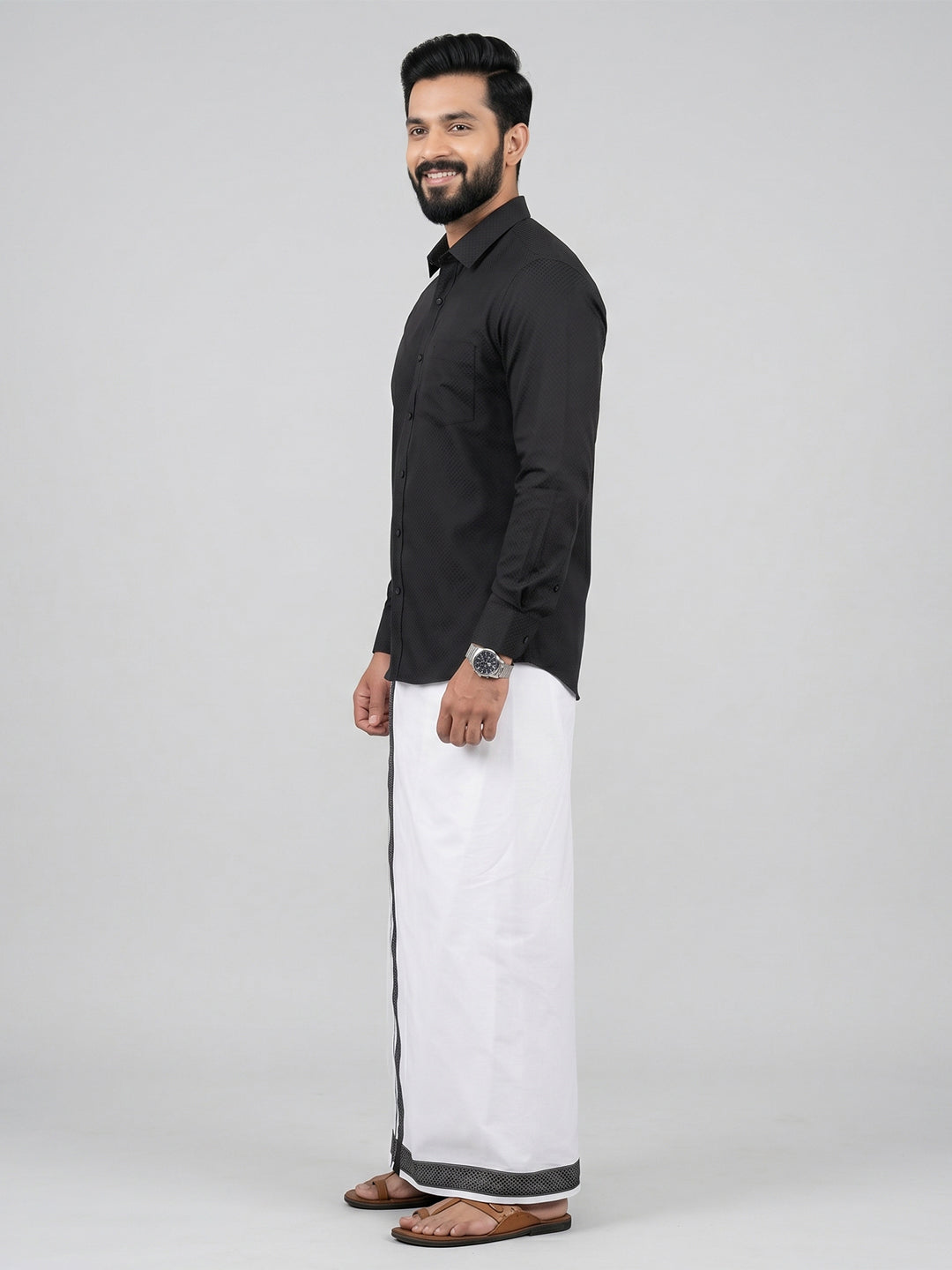 Men Black Matching Border Dhoti With Printed Shirt Set Windsor HNJ6