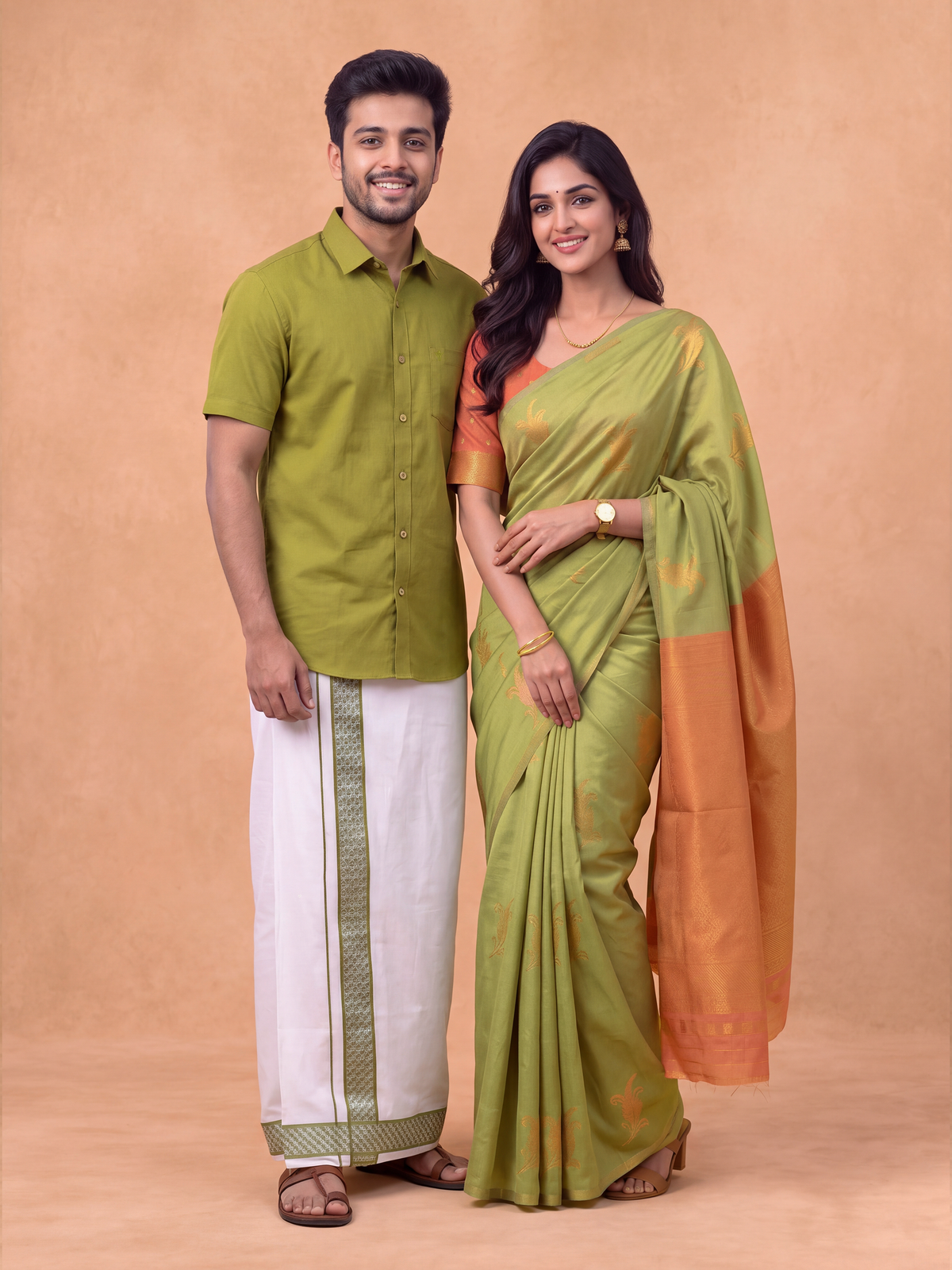 Couple Combo Shirt & Dhoti Set with Saree Green SS527