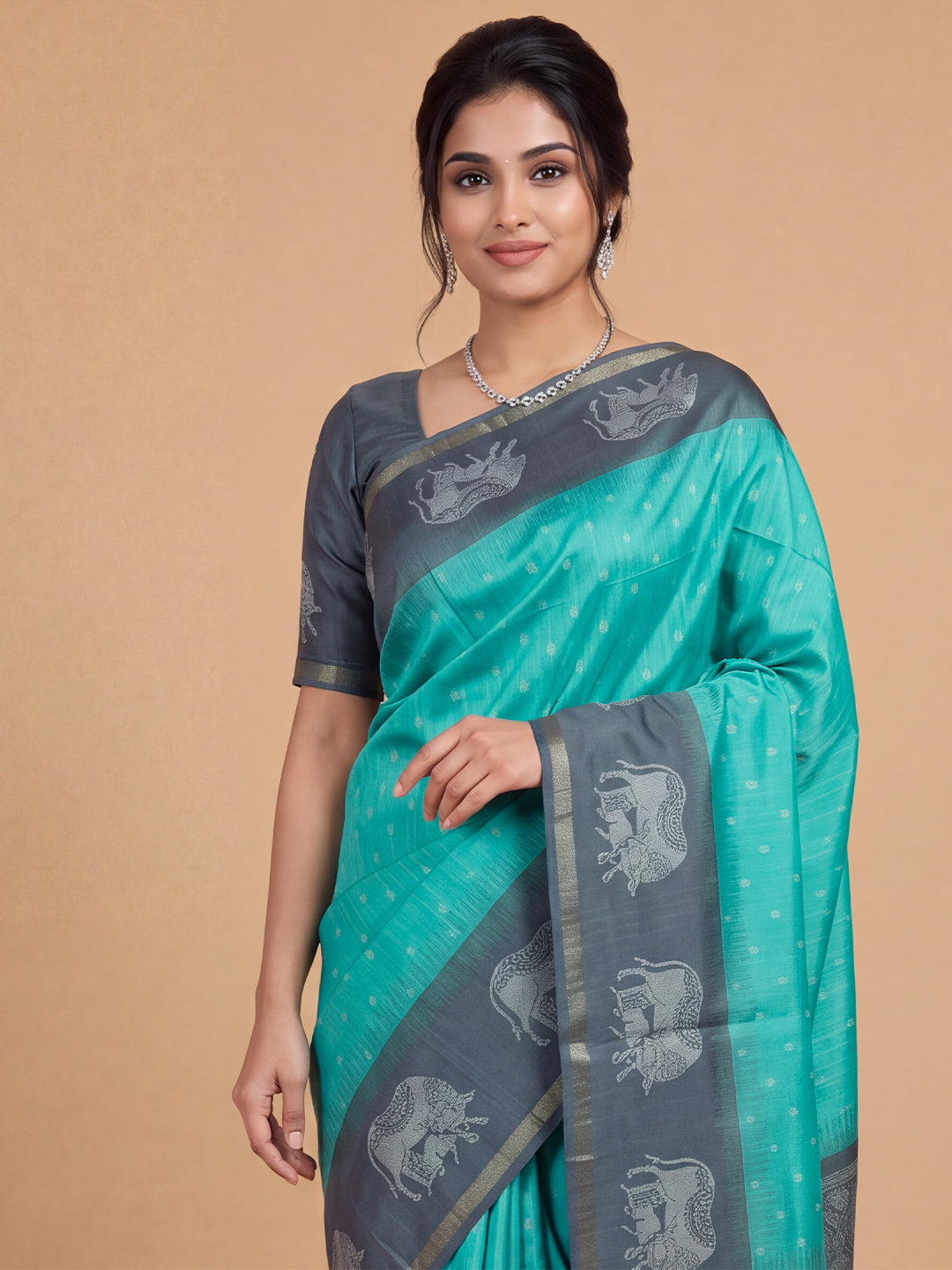 Women Semi Raw Silk Teal Green with Grey Fancy Printed Saree SRS126