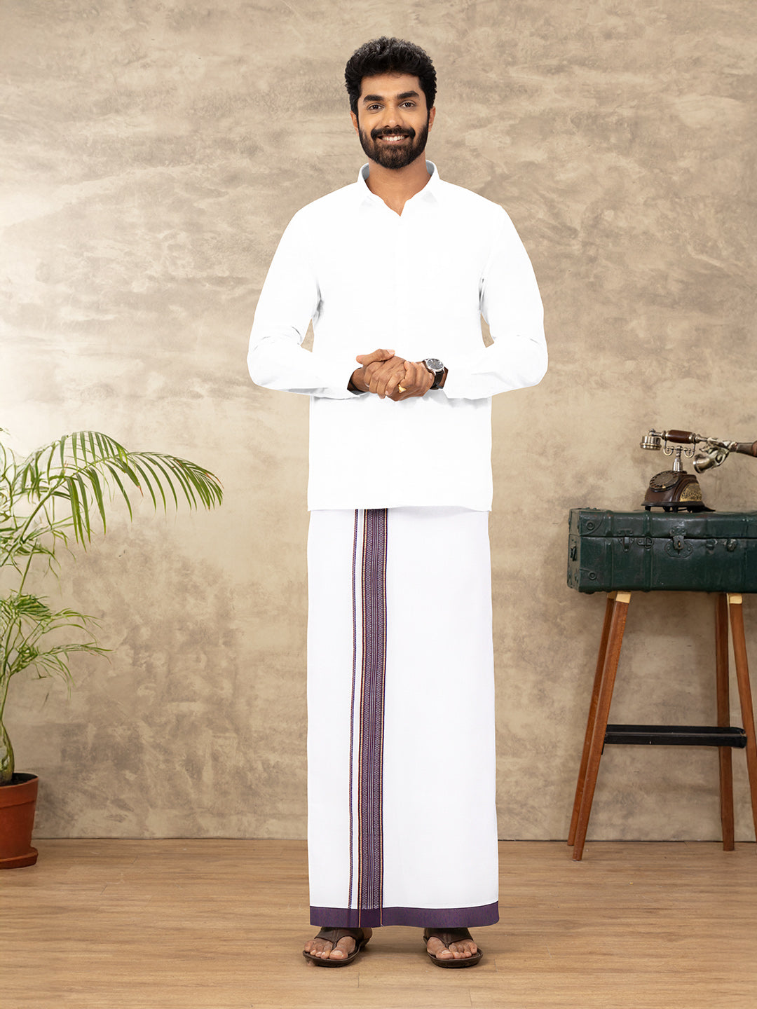 Men 100% Cotton Double Layer White Dhoti with Fancy Jari Border RGF03