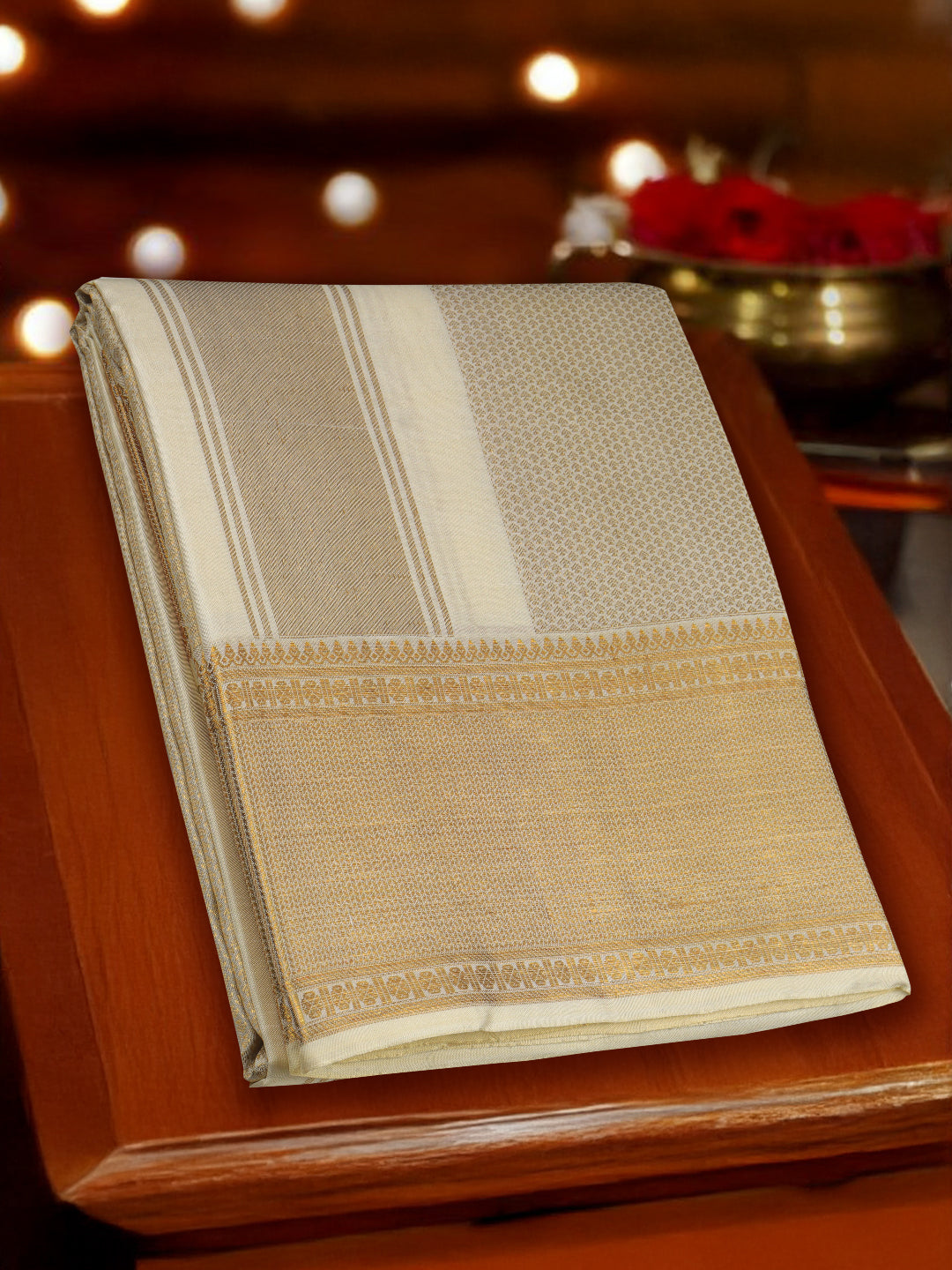 Men Luxury Premium Pure Silk Cream Dhoti & Towel Set with 6" inch Gold Jari Border Amirtham AM13