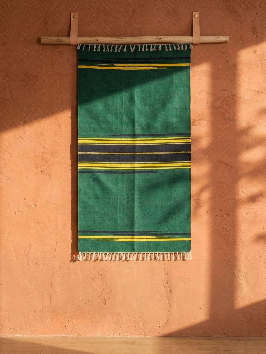 Bhavani Jamakkalam / Handwoven Cotton Carpet Green Base with Blue & Yellow Stripes (3.25 ft × 6.5 ft)