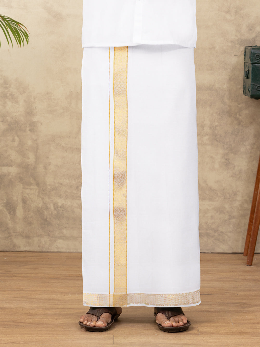 Men Cotton Blend Readymade Single Layer White Dhoti with Gold Jari Border GAA10