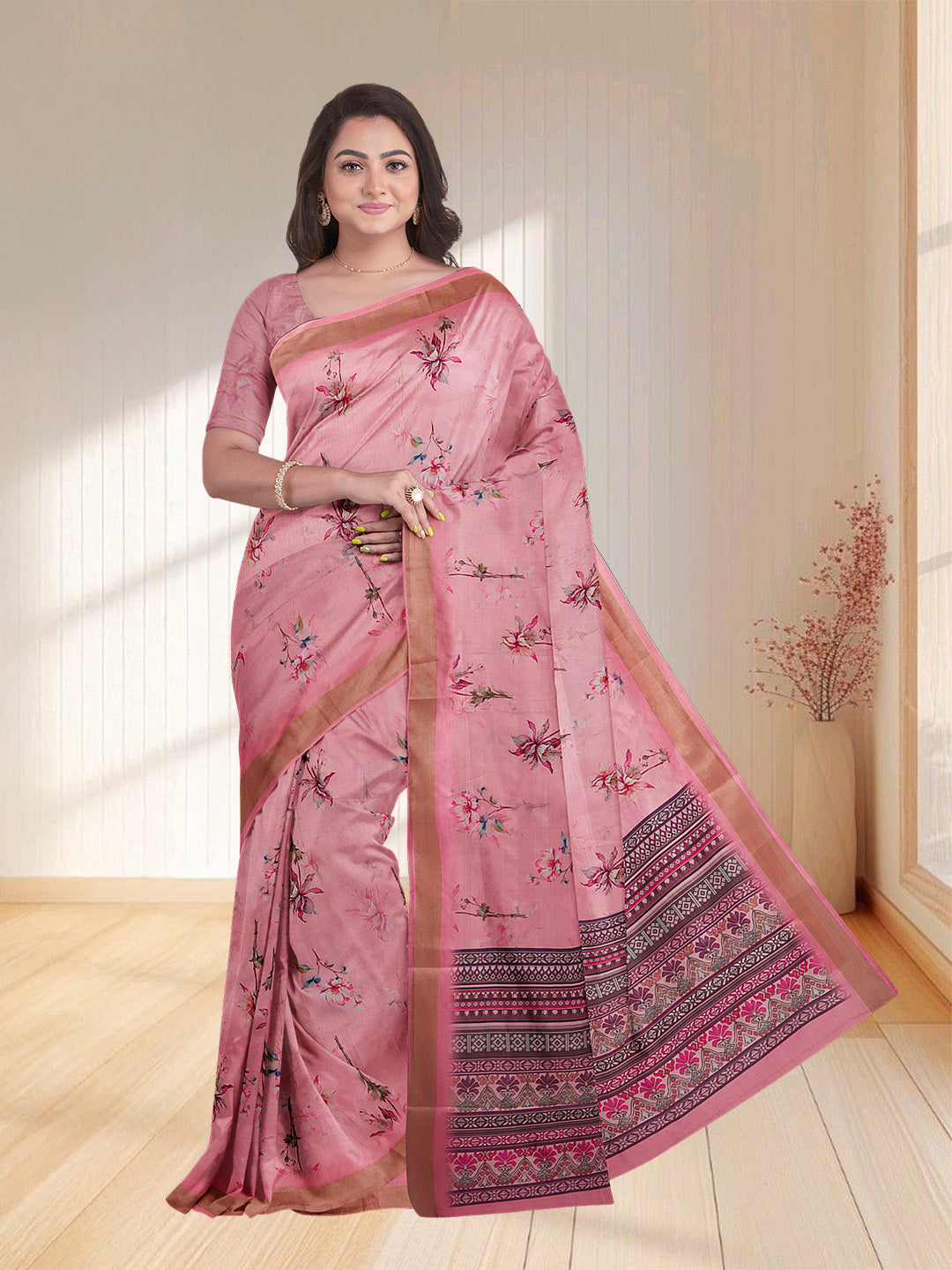 Women Pink Semi Tussar Printed Saree ST250