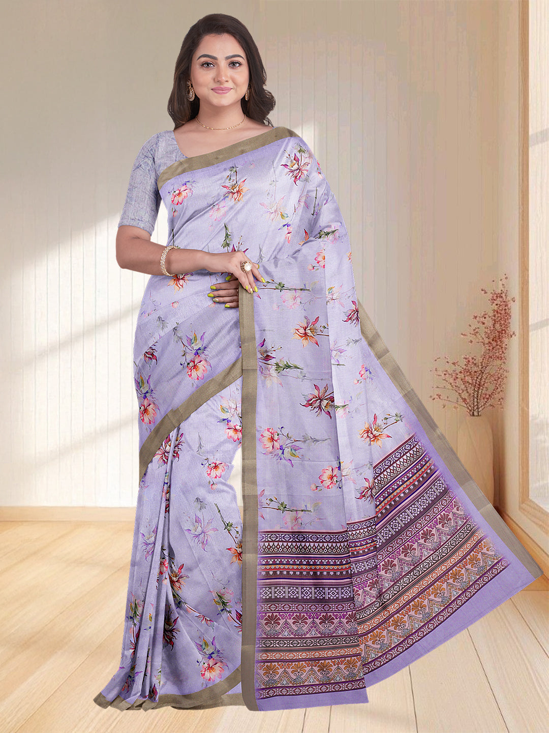 Women Lavender Semi Tussar Printed Saree ST248