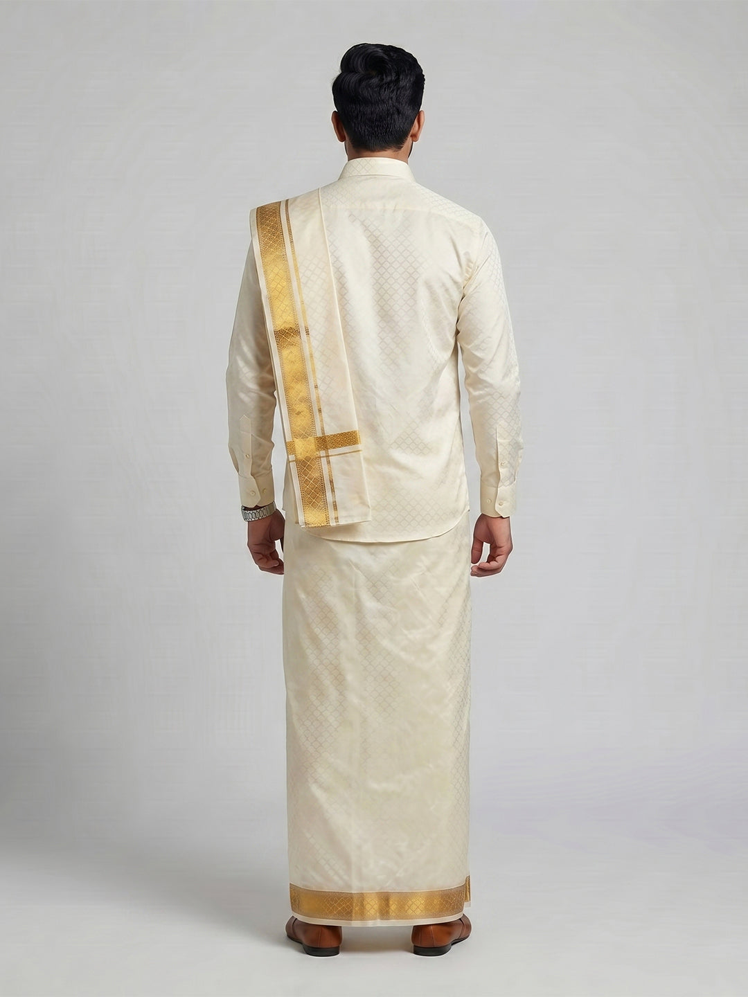 Men Art Silk Cream Self Design Shirt & Dhoti Towel Set Parinayam Grand CRJD3