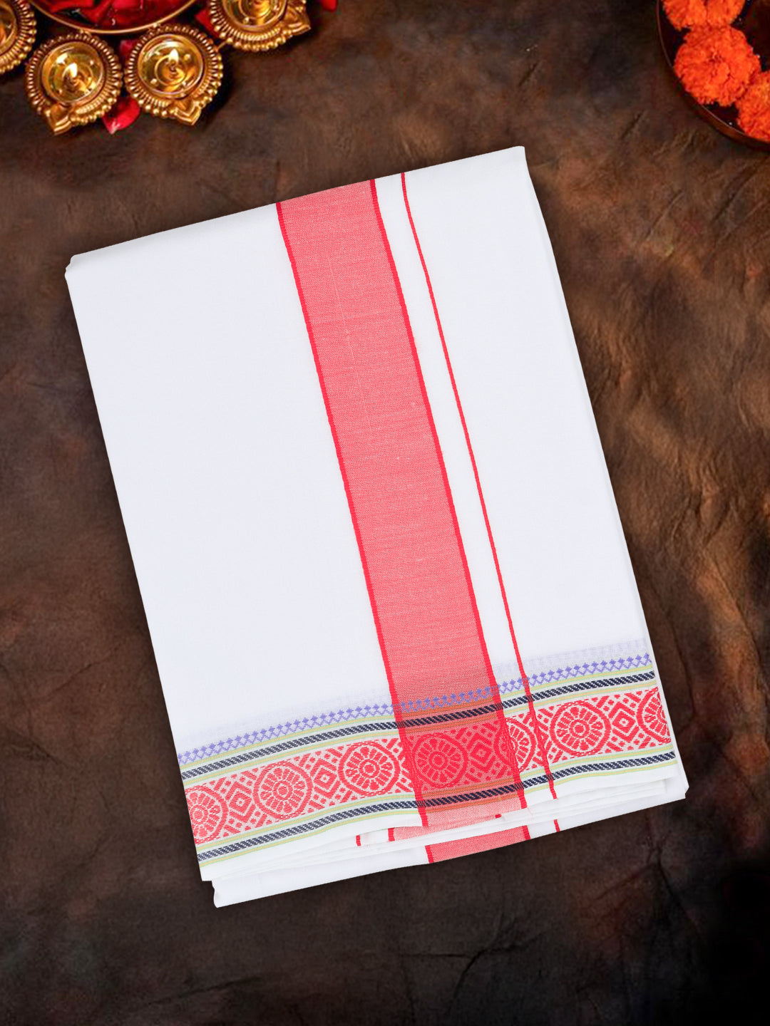 Men Cotton Red Fancy Border Panchakacham with Angavasthram Srirasthu(9+5) SR44