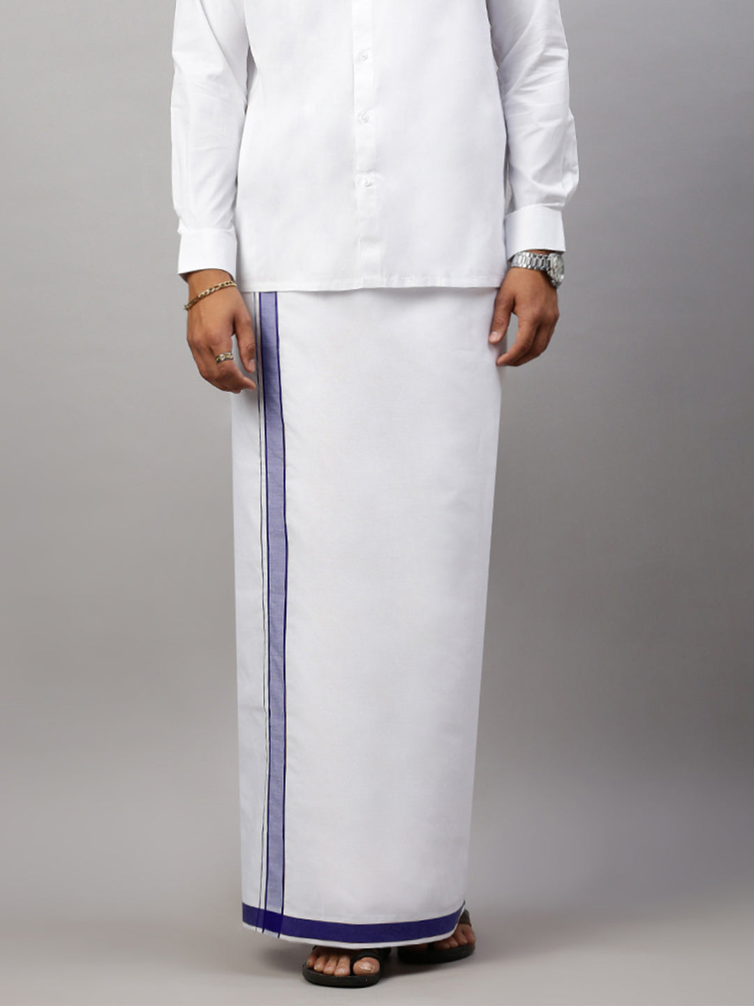 Men Cotton Blend Single Layer White Dhoti with Fancy Border WP26