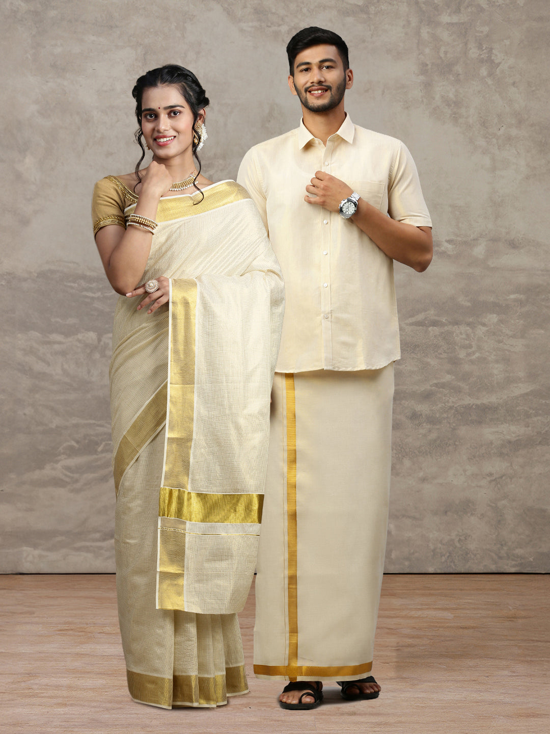 Couple Combo Shirt & Dhoti Set with Saree Gold KS221