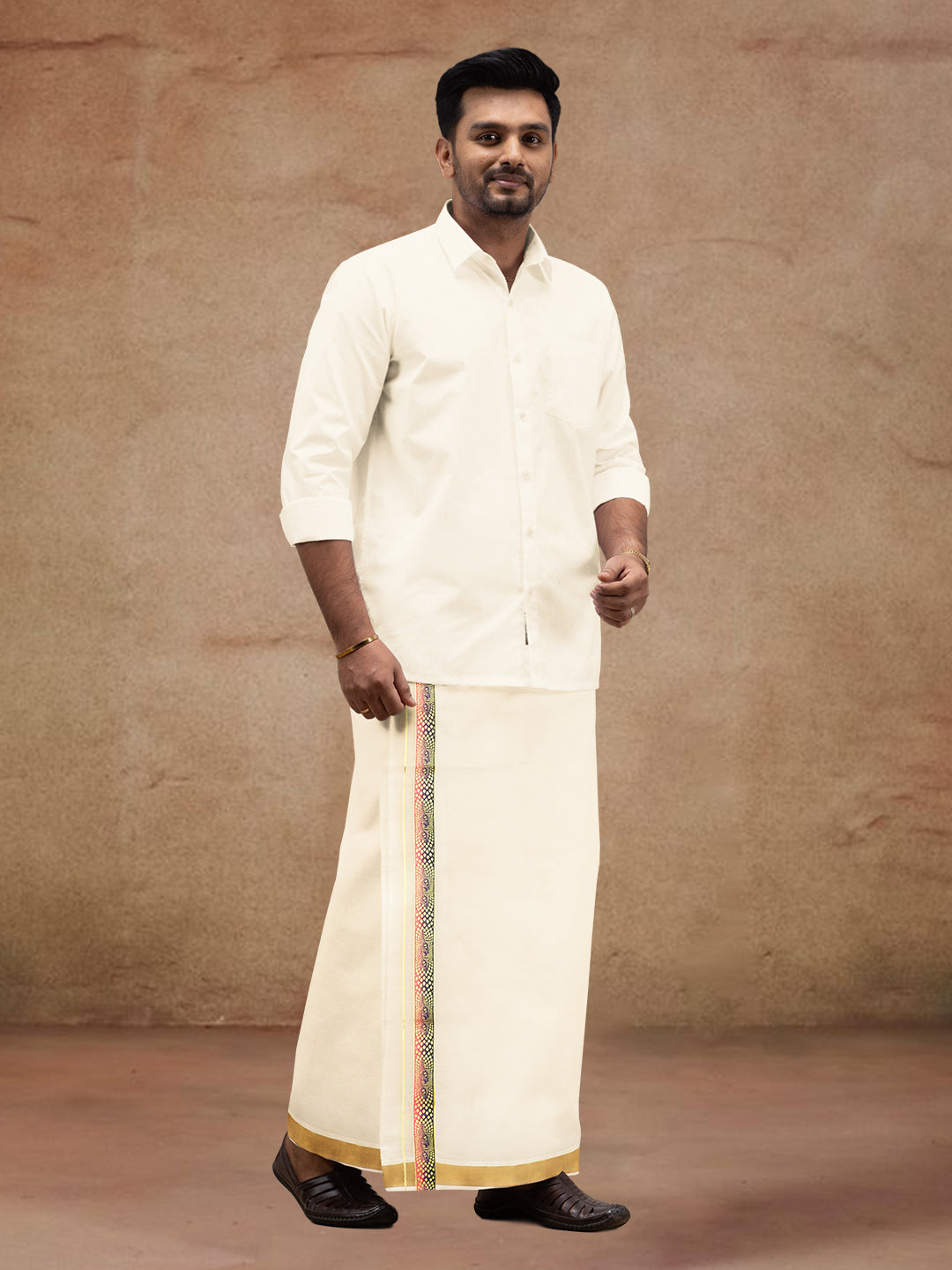 Men Kora Cotton Double Layer Dhoti with Double Side Fancy Jari Border PR15