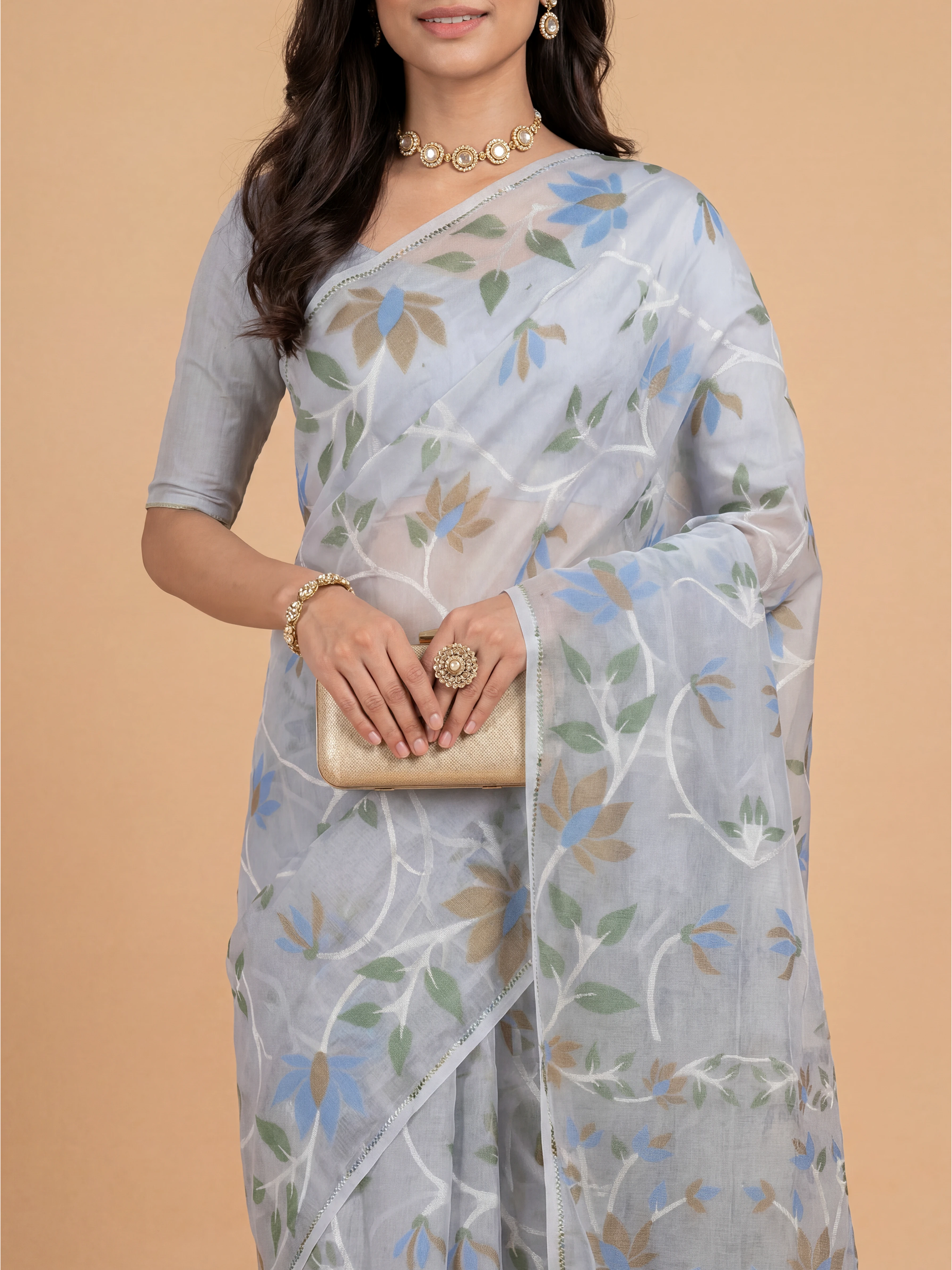 Women Semi Linen Printed Blue Saree SL250
