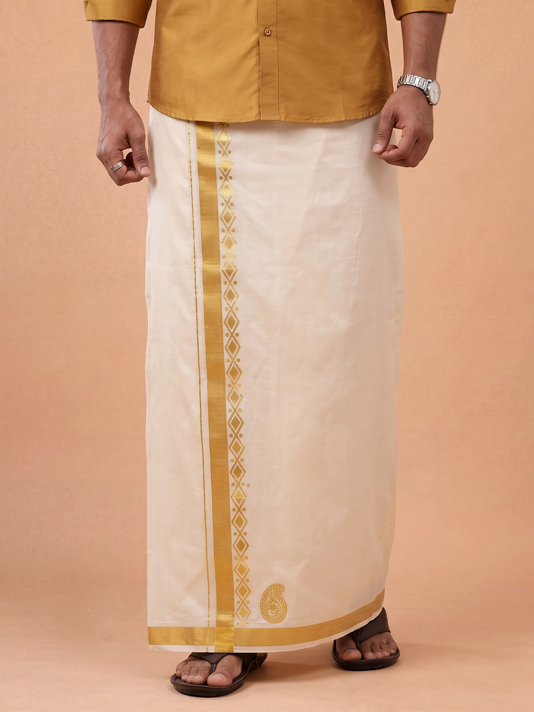 Double Layer Cotton Cream Kora Dhoti With Gold Jari Border - HF Gold HFG06