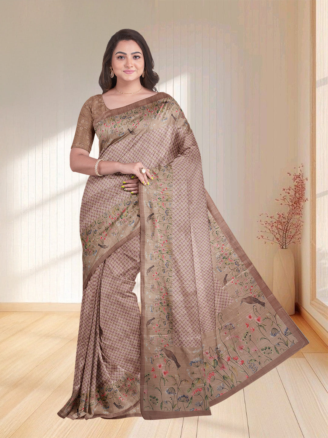Women Peach Semi Tussar Printed Saree ST252