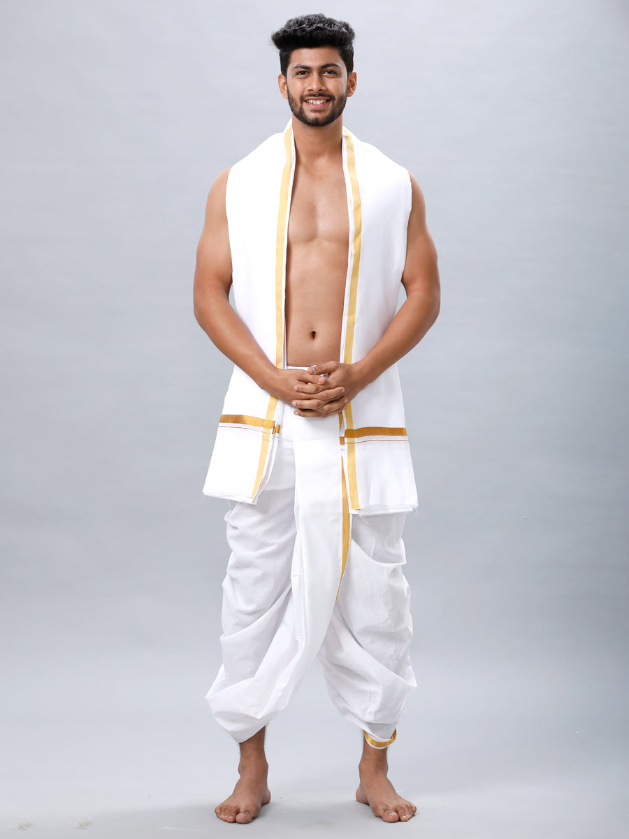 Men's Readymade White Panchakacham & Angavastram with Gold Jari Border Aashan
