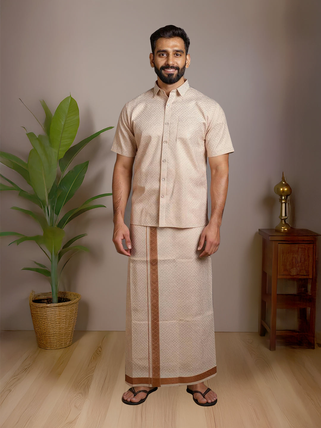 Men Copper Tissue Jacquard Half Sleeves Shirt with Matching Dhoti Set CD13