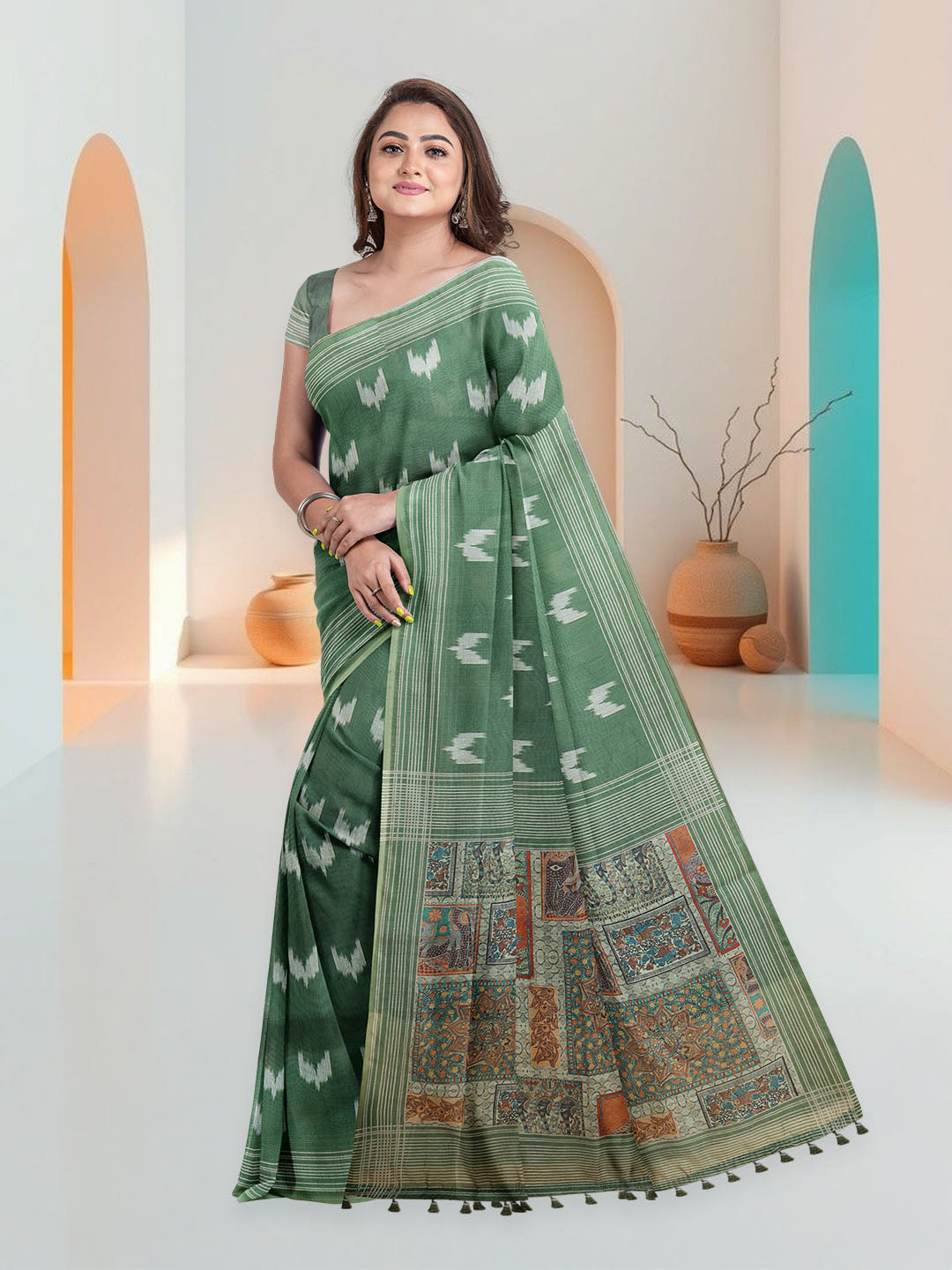 Women Green Semi Chanderi Cotton Printed Saree SC74