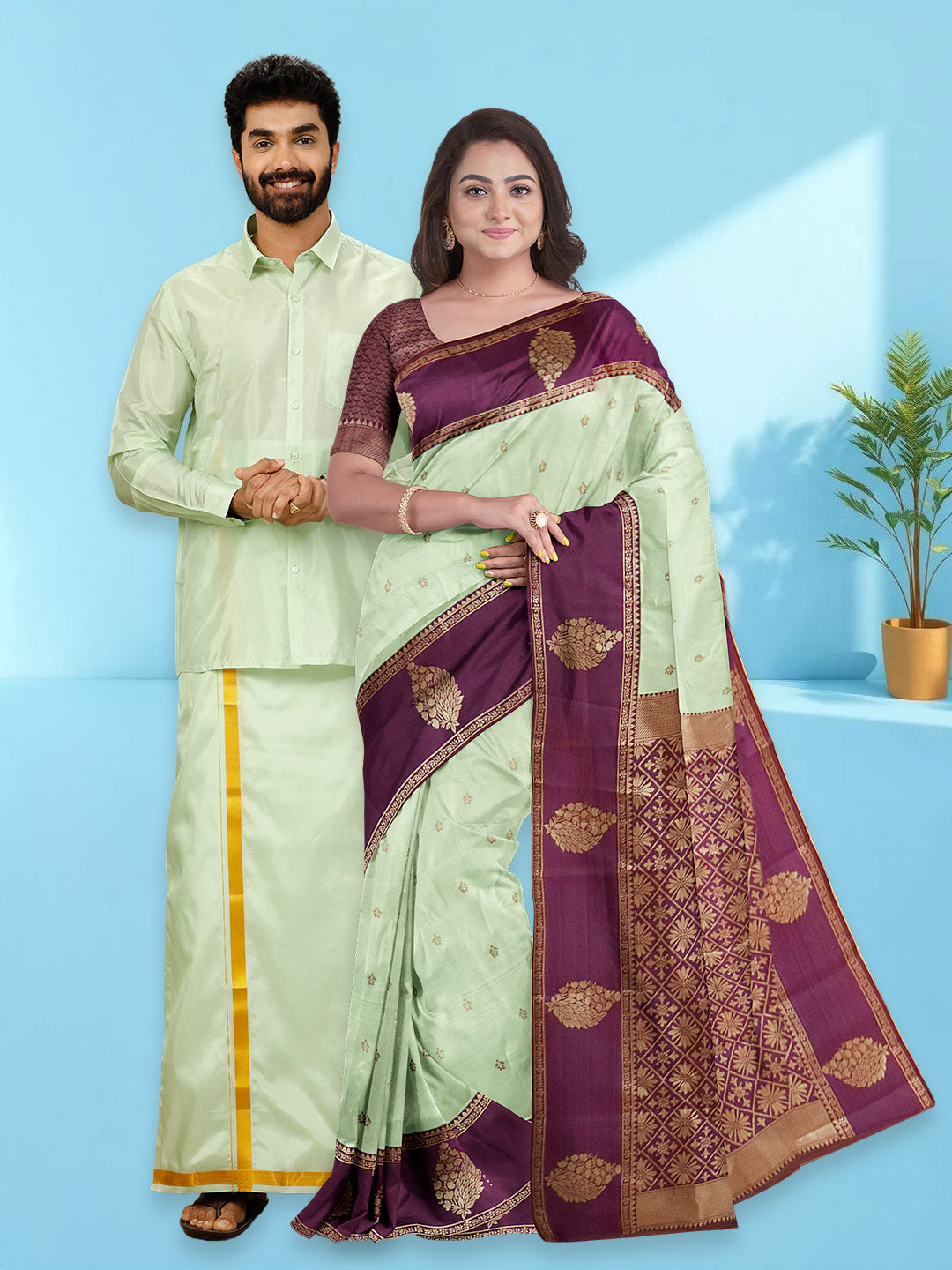 green couture dress Couple Combo Shirt & Dhoti Set with Saree Marine Green ASS97