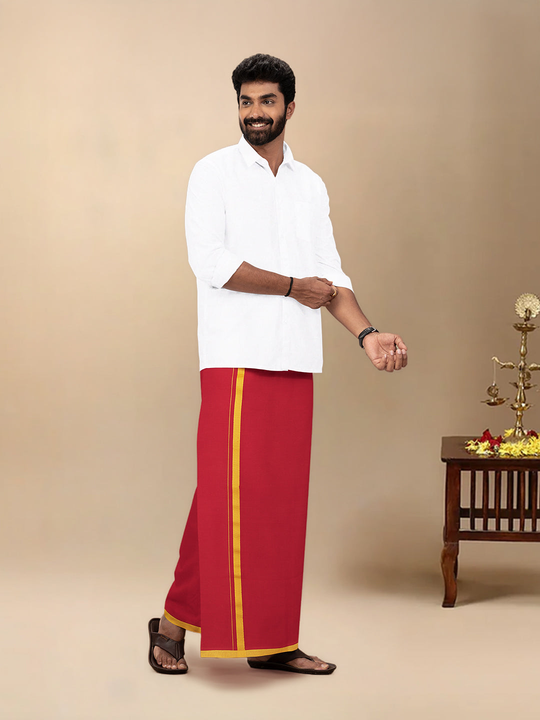 Men Cotton Blend Single Layer Red Dhoti & Towel Set with Assorted Border Poojan