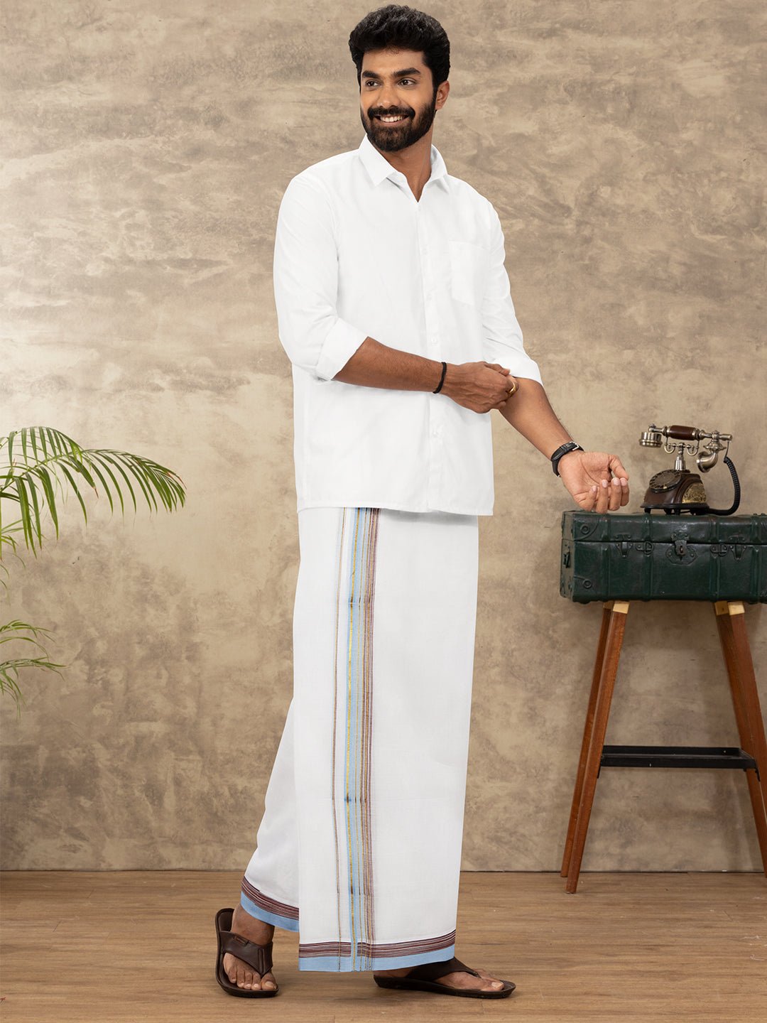 Men 100% Cotton Double Layer White Dhoti with Fancy Jari Border MJF05