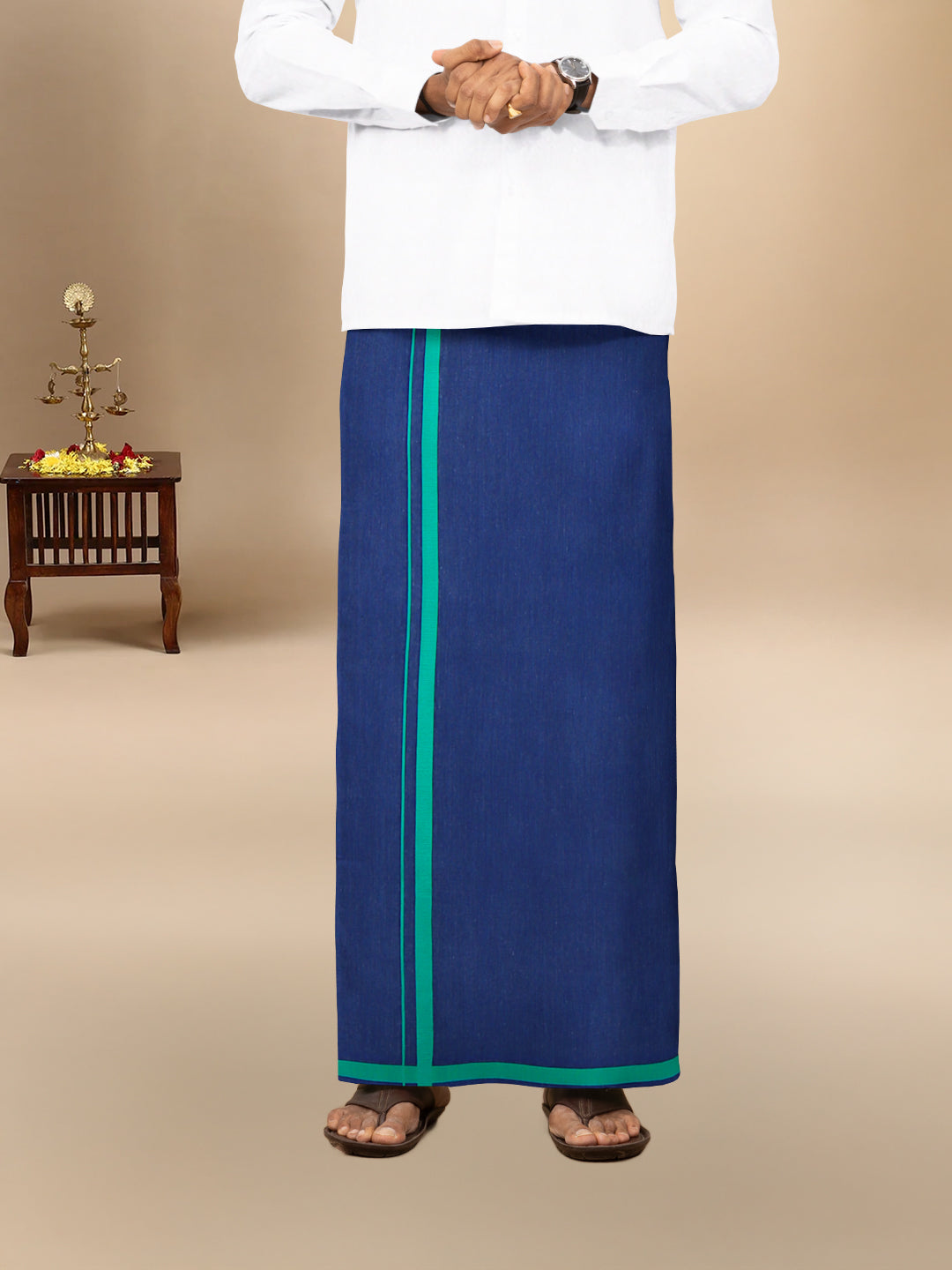 Men Cotton Blend Single Layer Blue Dhoti with Assorted Border Shivam