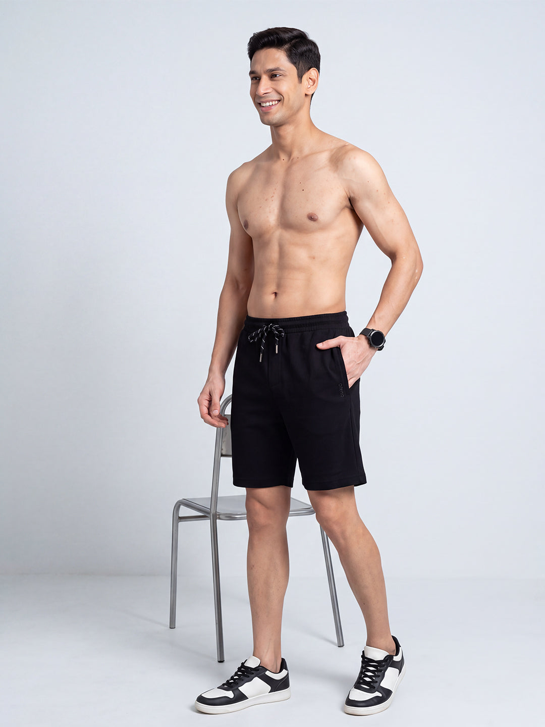 Cotton Rich Popcorn Structured Fabric Black Shorts PS5