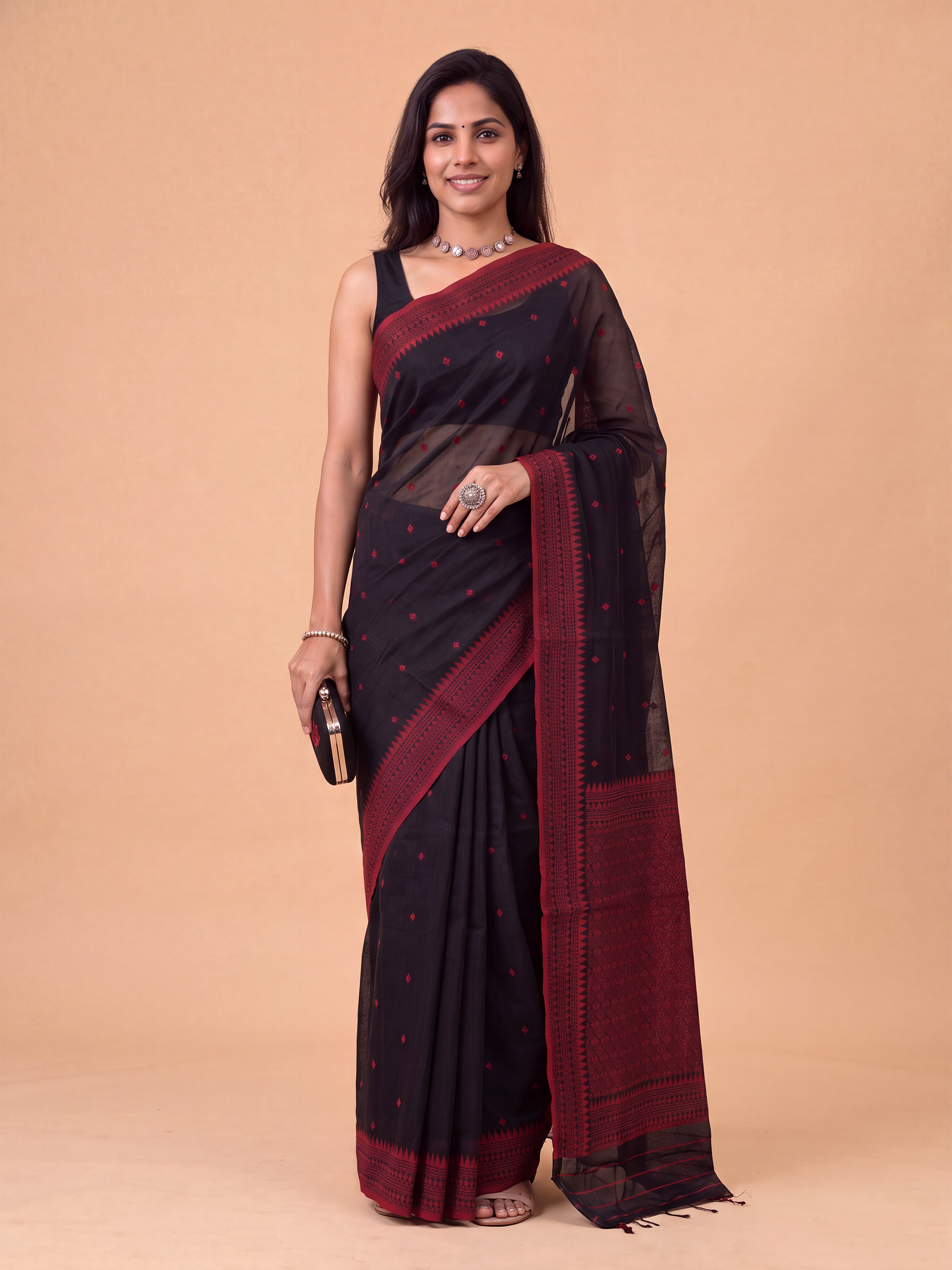 Women Black with Red Kora Cotton Saree SK137