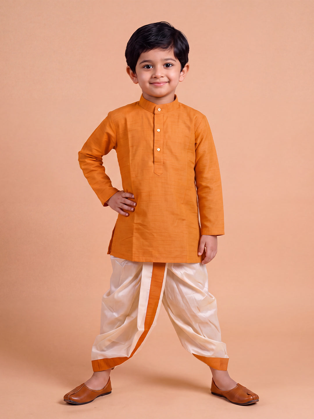 Boys Slub Cotton Full Sleeves Orange Kurta with Panchakacham Combo Set SL3