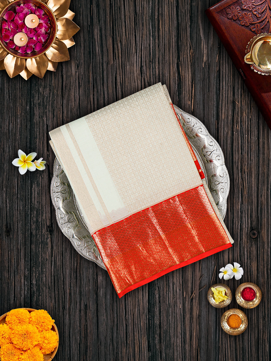 Premium Pure Silk Grey Dhoti With Angavastram 3" Red Fancy Jari Border Agarshanaa-View two