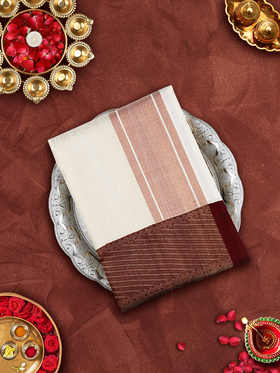 Premium Pure Silk Cream Dhoti With Angavastram 5" Maroon Jari Border Agarshanaa-View one