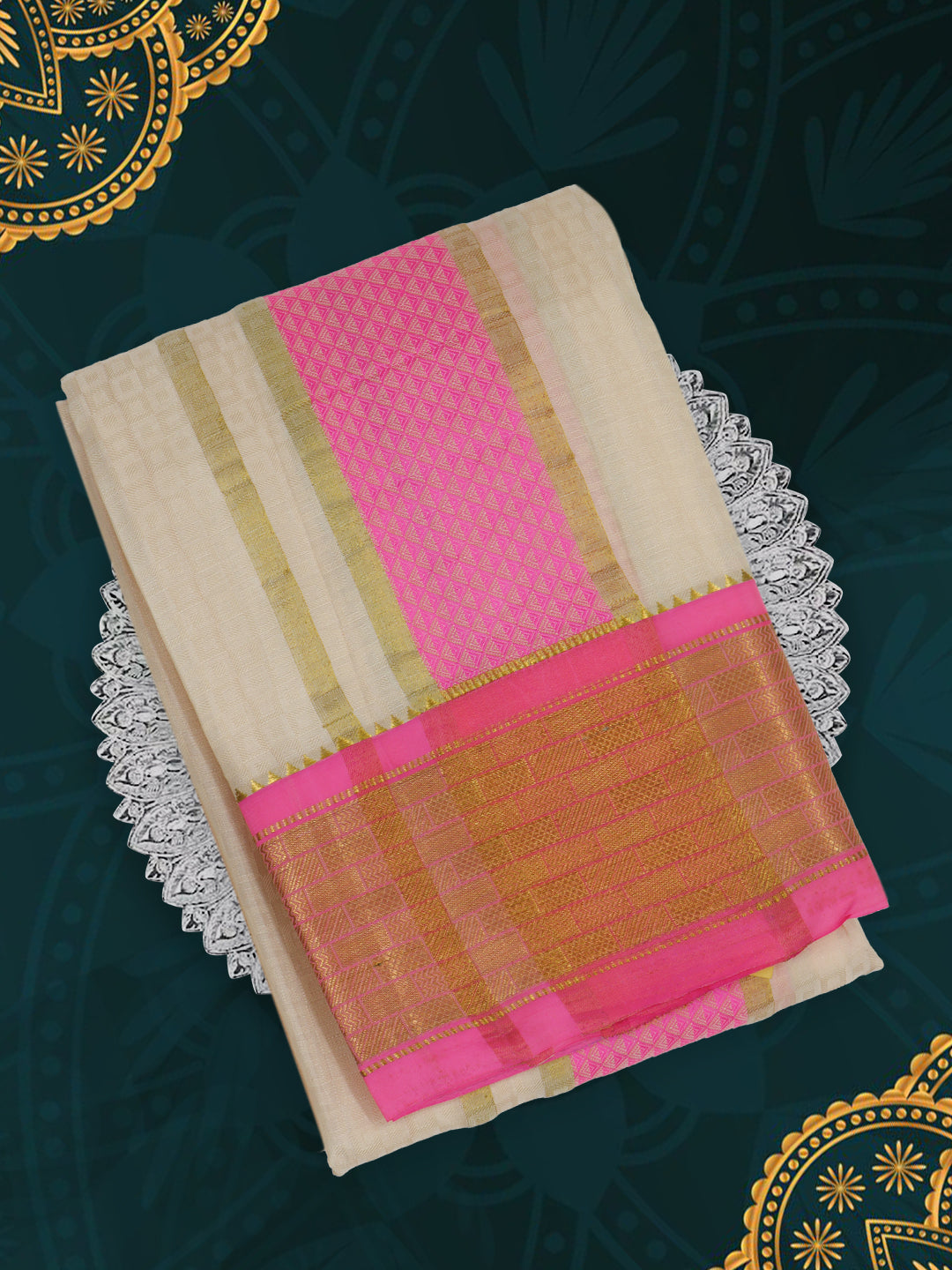 Men Pure Silk Sandal Dhoti with 3" inch Pink & Gold Fancy Jari Border