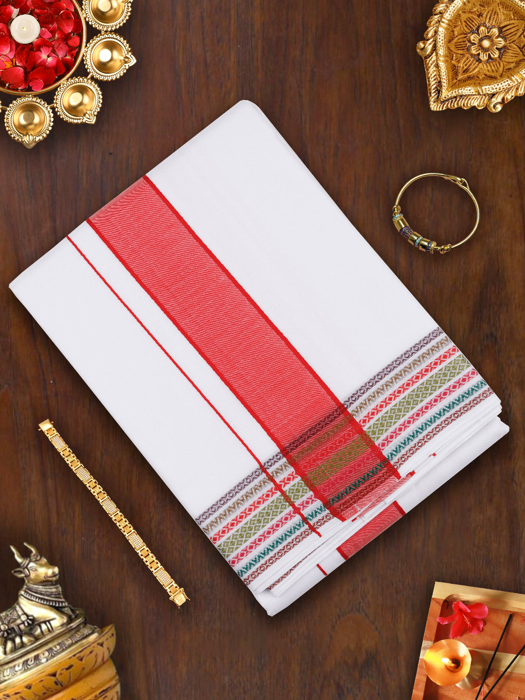 Mens White Panchakacham with Angavasthram Red Fancy Border Srirasthu (9+5)
