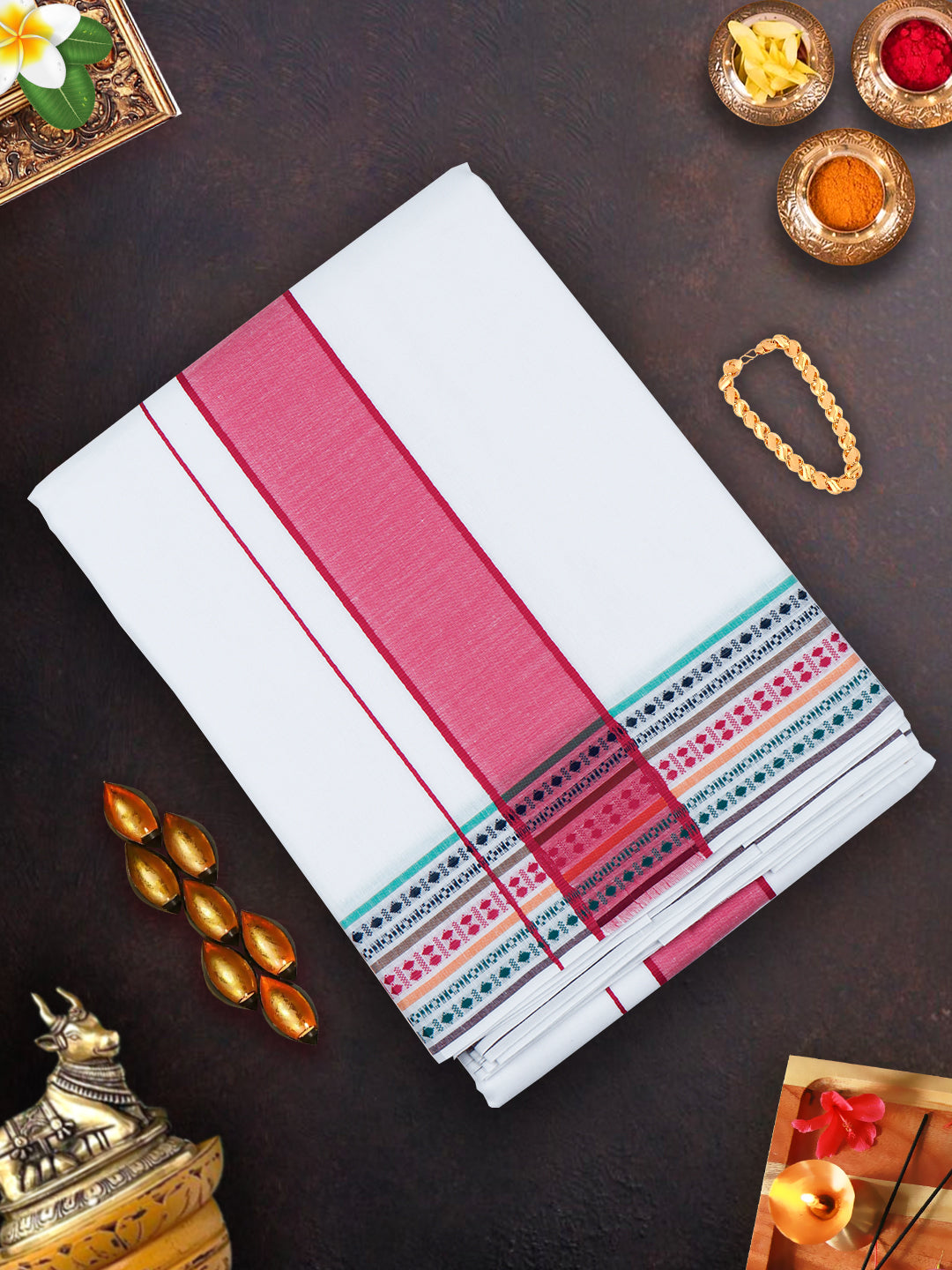 Mens White Panchakacham with Angavasthram Pink Fancy Border Srirasthu (9+5)