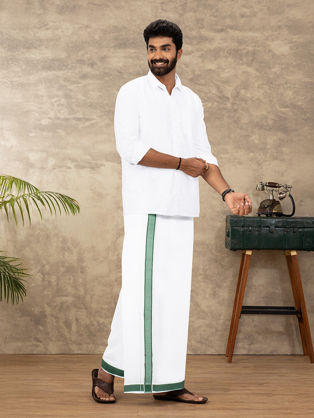 Men Cotton Blend Single Layer White Dhoti with Fancy Jari Border PB8