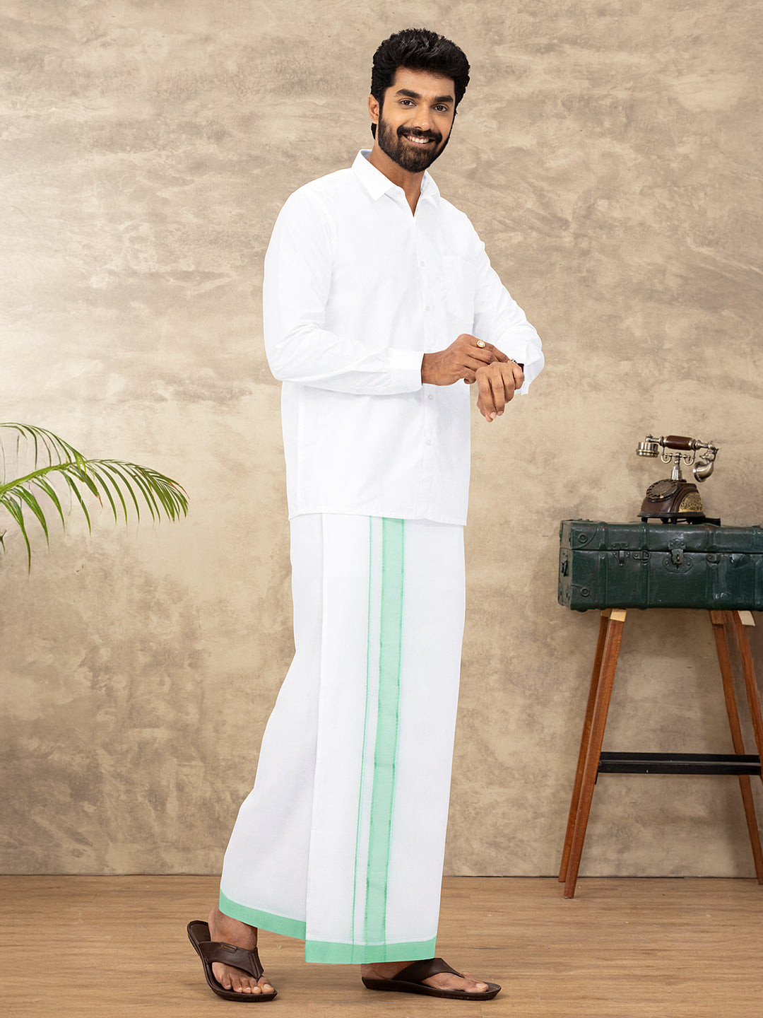 Men 100% Cotton Double Layer White Dhoti with Fancy Border RFP04