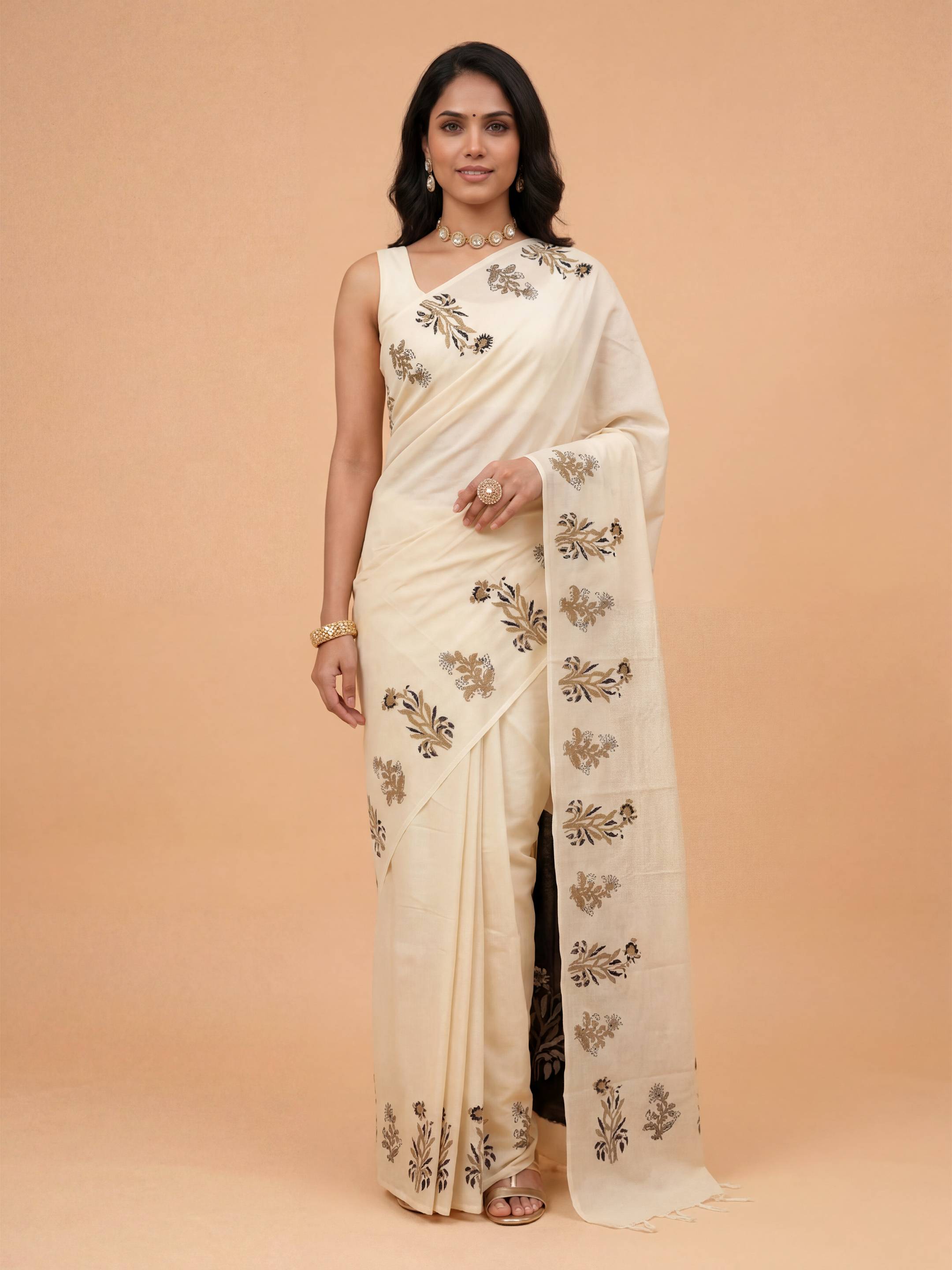 Women Pure Cotton Off White Saree PCS264