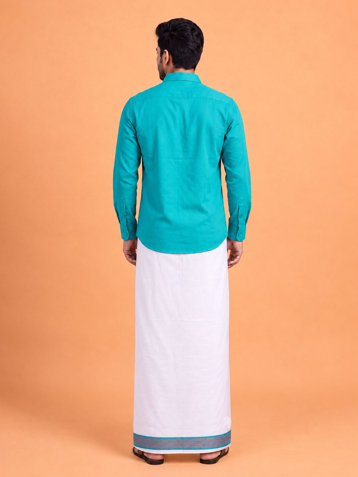 100% Cotton Jungle Green Shirt and Colour Jari Border Dhoti Set BT11