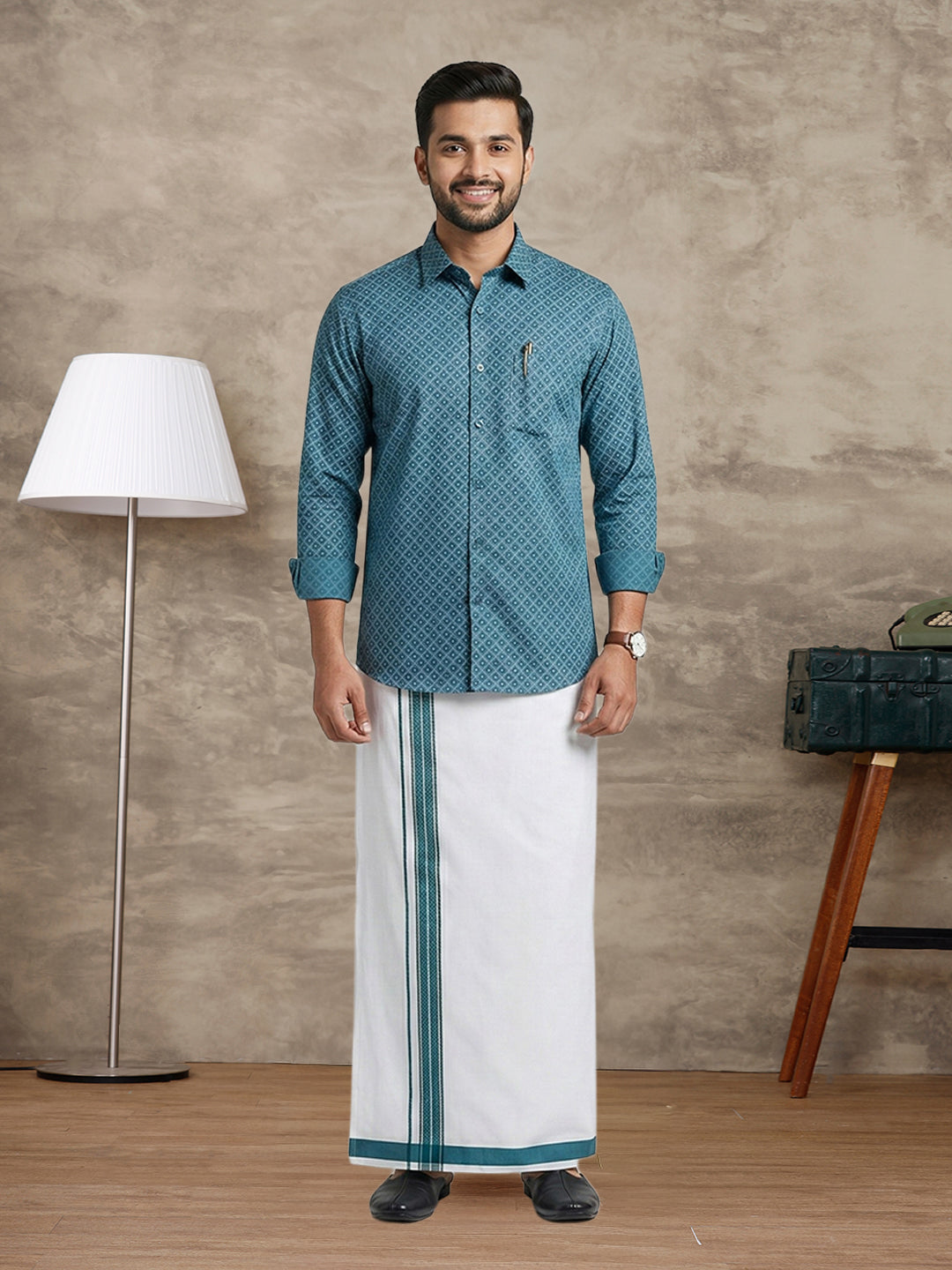 Men Teal Blue Matching Border Dhoti With Printed Shirt Set Fusion PS27