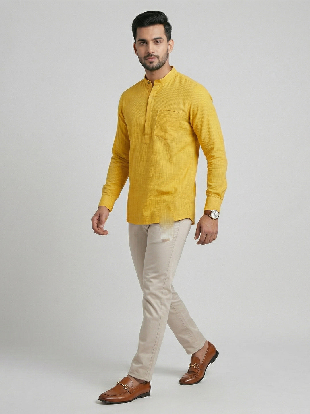 Men Cotton Short Length Self Design Pocket Kurta Honeycomb Yellow Y25