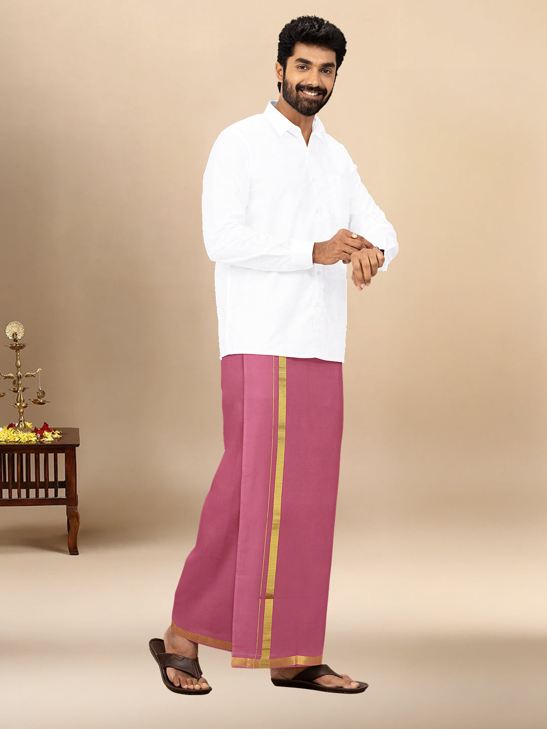 Men Cotton Blend Single Layer Pink Dhoti with Gold Jari Border Cosmic