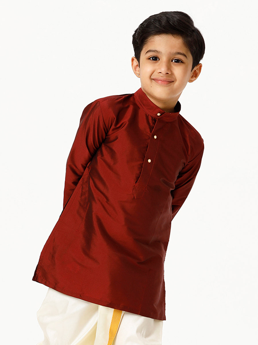 Boys Silk Cotton Full Sleeves Maroon Kurta-Front view