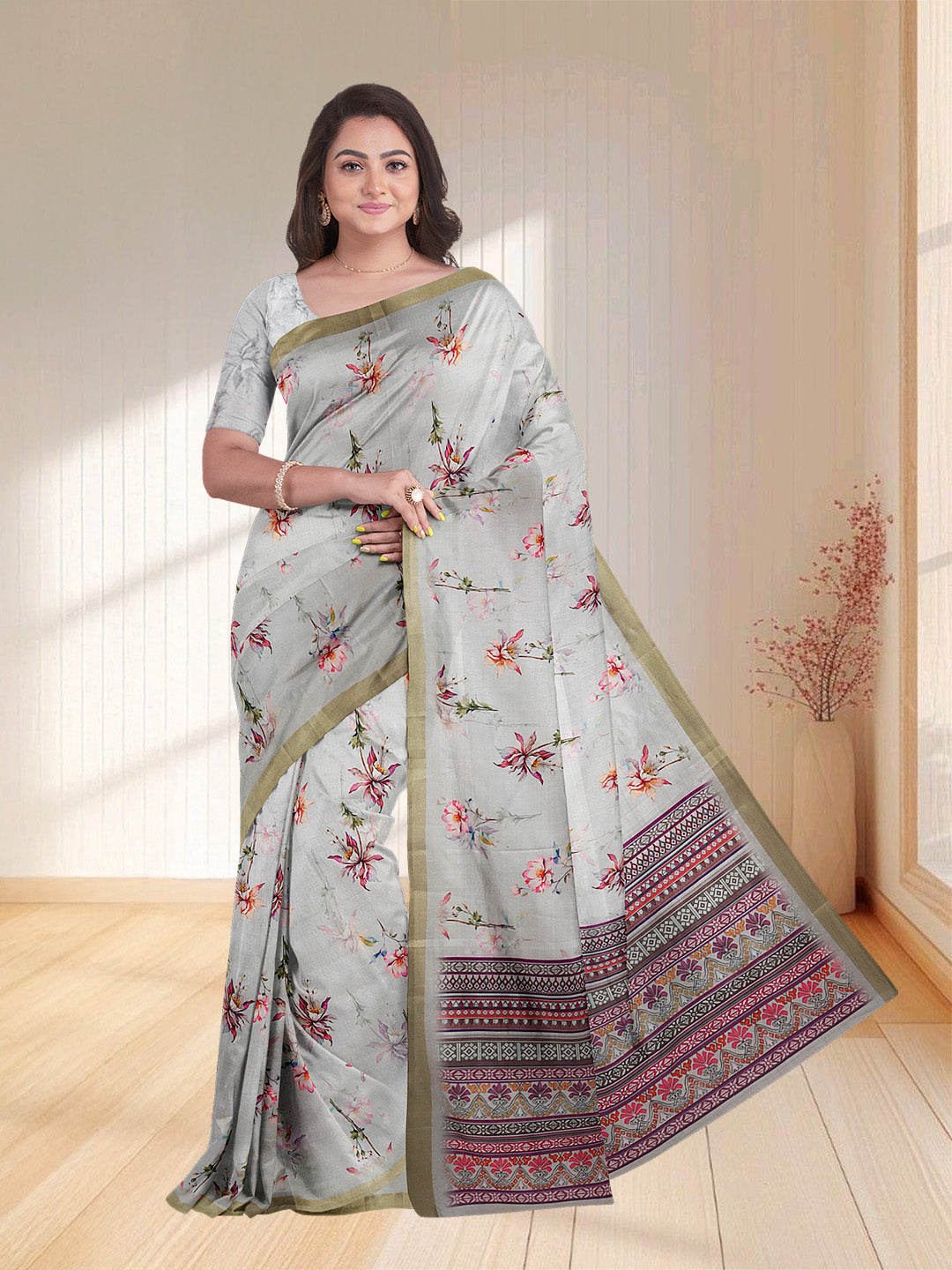 Women Silver Grey Semi Tussar Printed Saree ST249