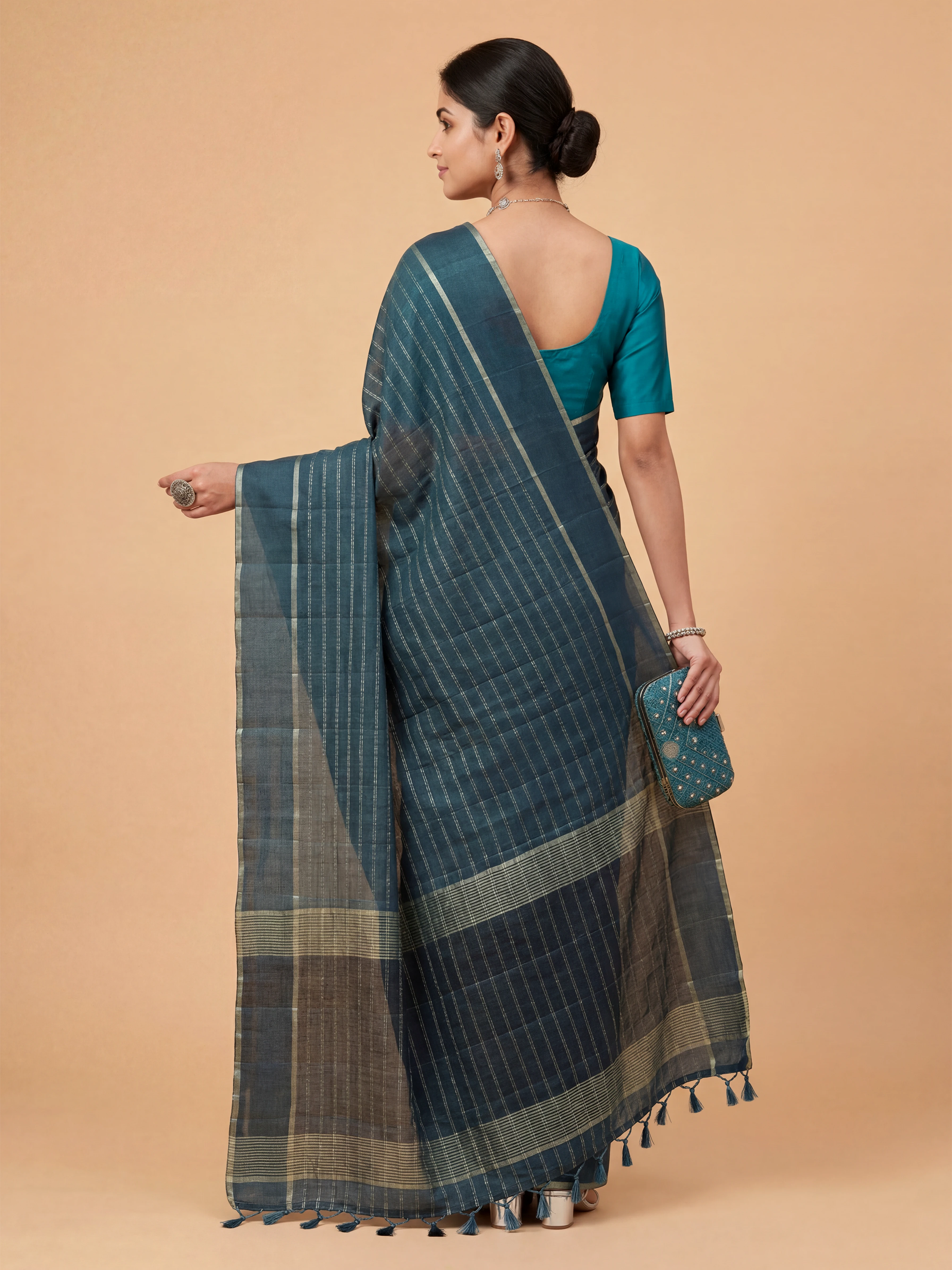 Women Semi Tussar Peacock Blue Saree ST327