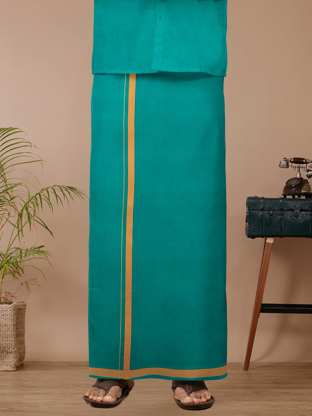 Men Cotton Blend Single Layer Green Dhoti & Towel Set with Assorted Border Poojan