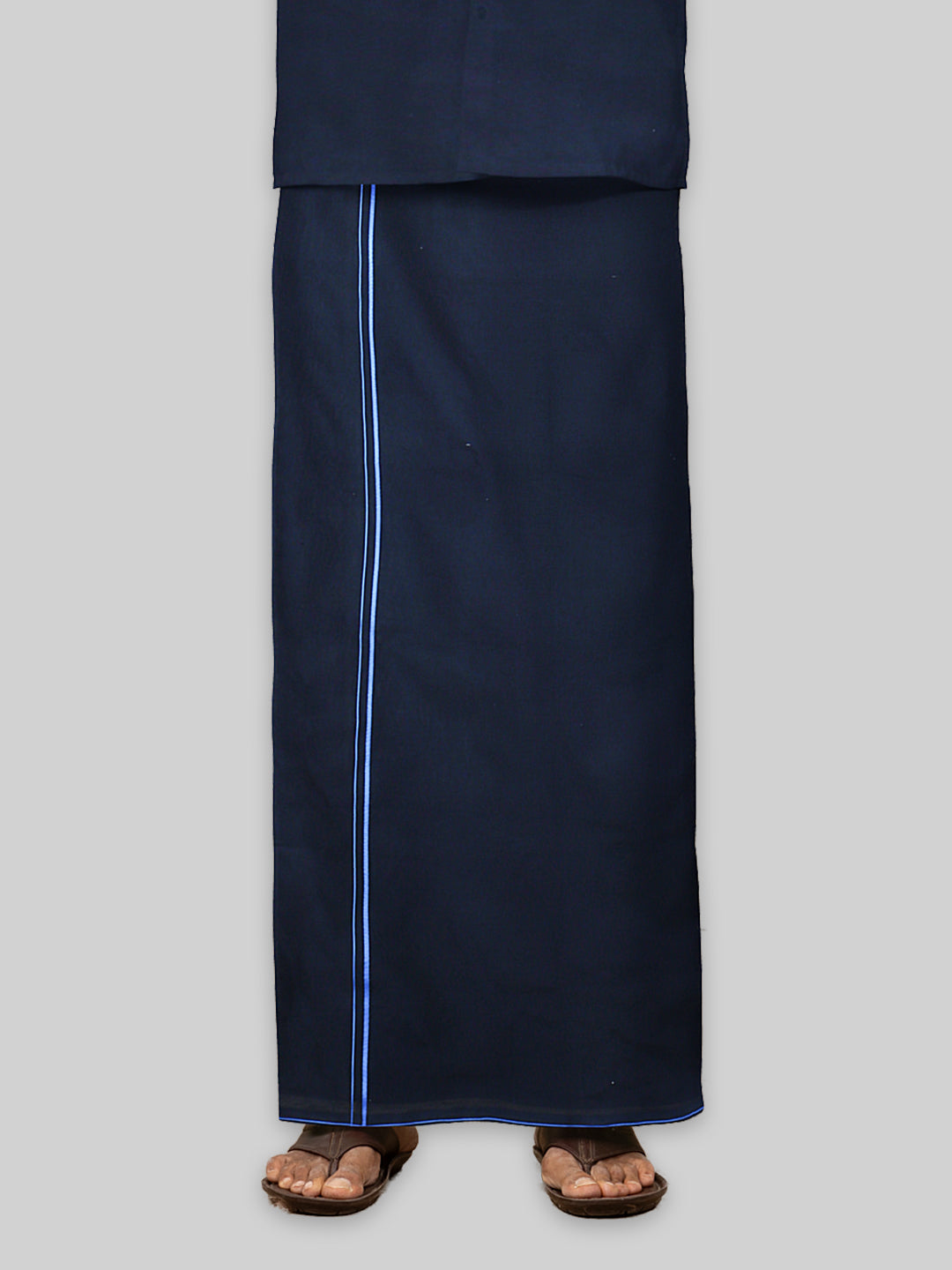 Men Cotton Blend Single Layer Black Dhoti & Towel Set with Blue Small Border Sudhan