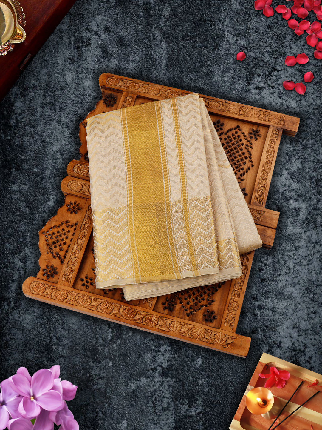 Pure Silk Embossed 5" Gold Jari Border Dhoti With Towel Thirukalyan-View one